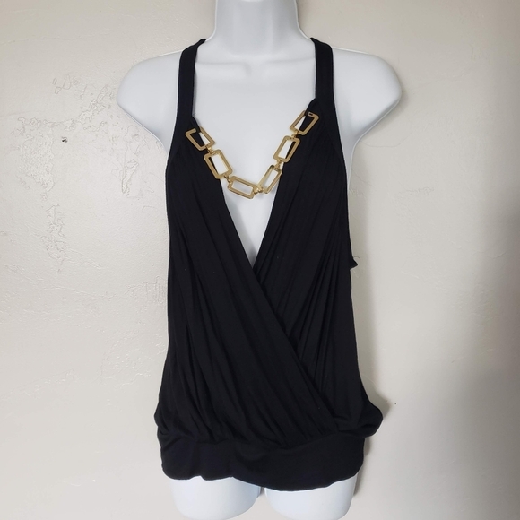 Valentine NWOT Women's Large Black Sleeveless Blouse Surplice Gold Chain Neck - Picture 1 of 7